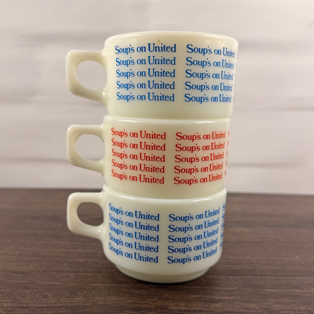 Pyrex Soup's on United Airlines Milk Glass Mugs Set of 3 Red Blue Vintage